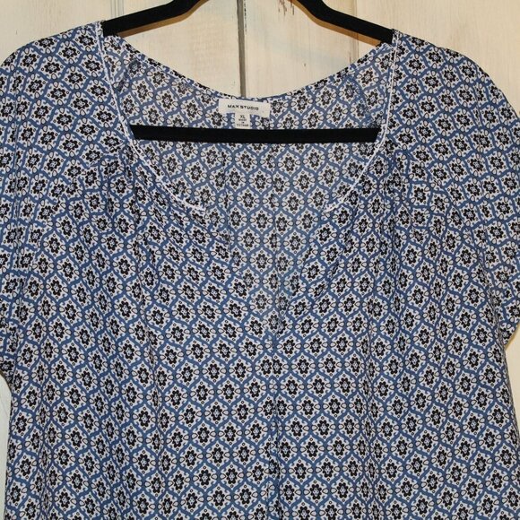 -Max Studio blue black and white short sleeve v-neck flowy style blouse XL - Picture 2 of 6